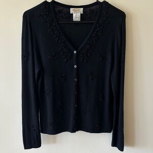 Talbots Black Embroidered V-Neck Cardigan